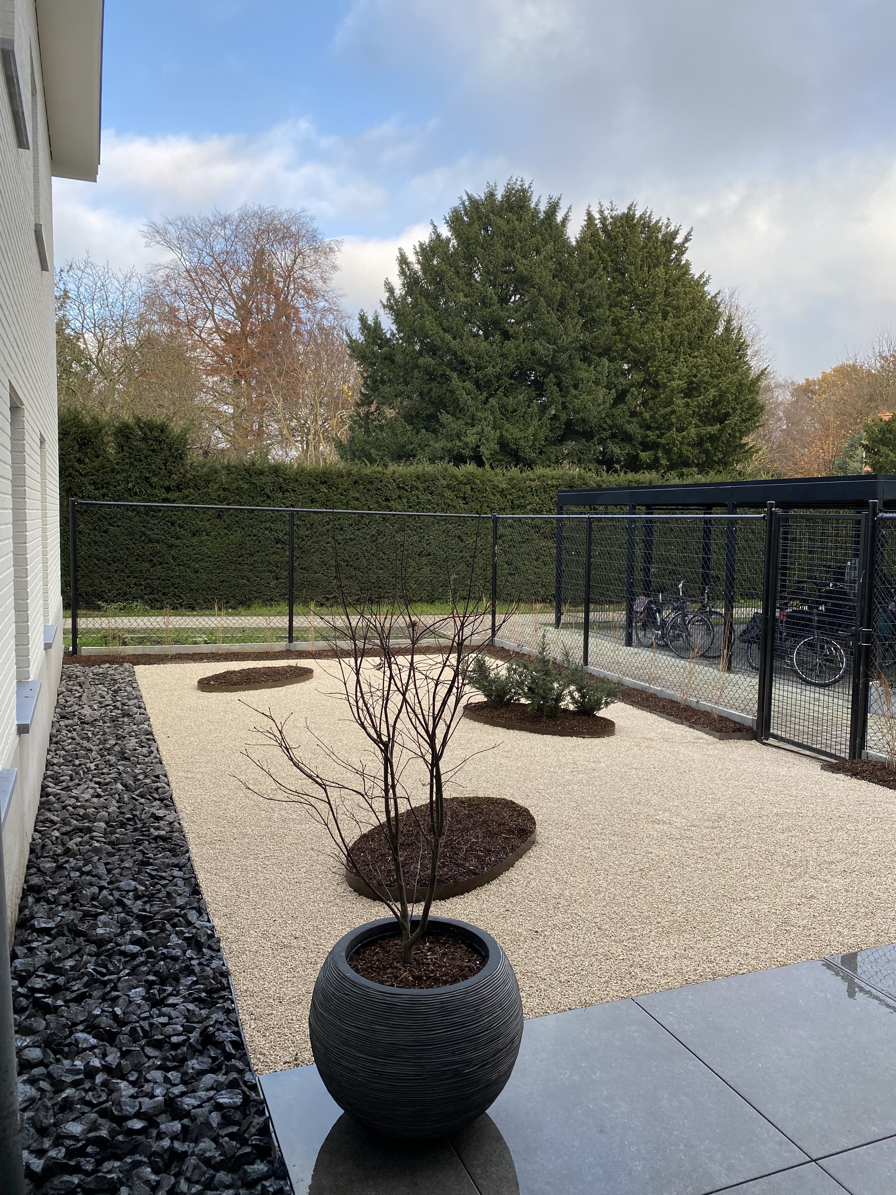 Resultaat van tuinaanleg met kiezelpad en cortenstaal afwerking in een moderne tuin. Strakke lijnen, sierplanten en een verzorgde omheining vormen een harmonieus geheel. Project uitgevoerd in regio Edegem, Hove, Boechout, Aartselaar, Wilrijk en Berchem